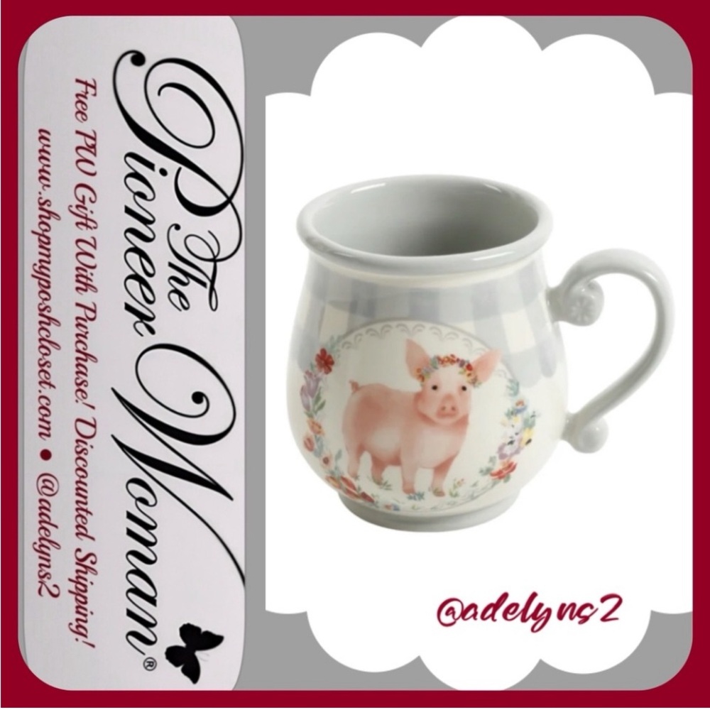 🌺 New Pioneer Woman Pink Pig Gray Gingham Checks Mug, Qty 1 - Picture 5 of 9
